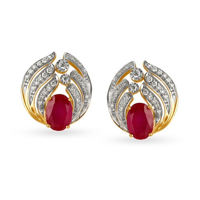 Dazzling Diamond Galore and Red Stone Stud Earrings 