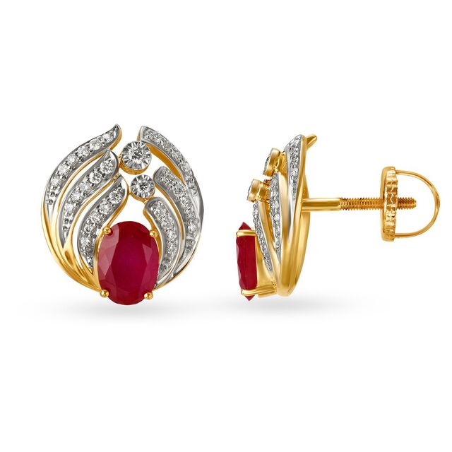 Dazzling Diamond Galore and Red Stone Stud Earrings 2