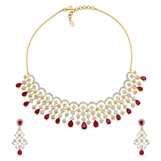 Palatial Yellow And White Gold And Diamond Floral Lattice Necklace Set 