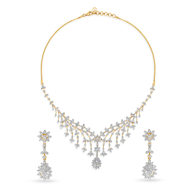 Enchanting Yellow And White Gold And Diamond Floral Foliage Necklace Set 