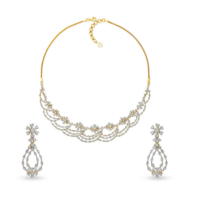 Riveting Floral And Ribbon Motif Diamond Necklace Set 