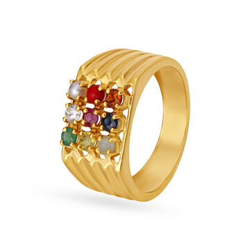 Regal 18 Karat Yellow Gold And Multi Stone Square Ring With Diamond Stud