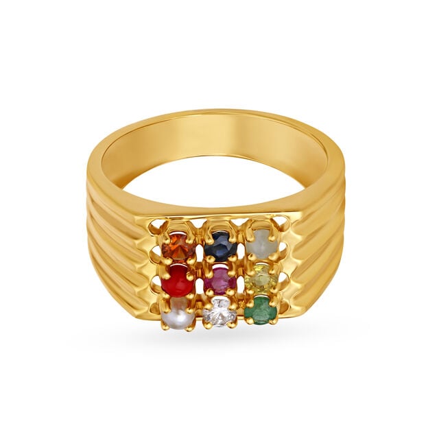 Regal 18 Karat Yellow Gold And Multi Stone Square Ring With Diamond Stud 2