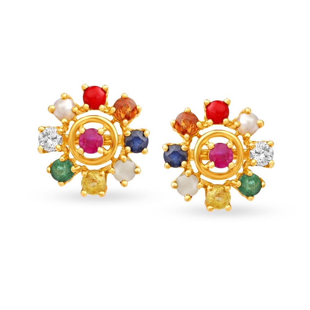 Buy Tantalizing 18 Karat Yellow Gold Wheeled Multi Stone Stud Earrings at Best Price Tanishq UAE