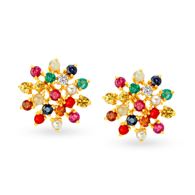 Vibrant Floral Navaratna Stud Earrings 