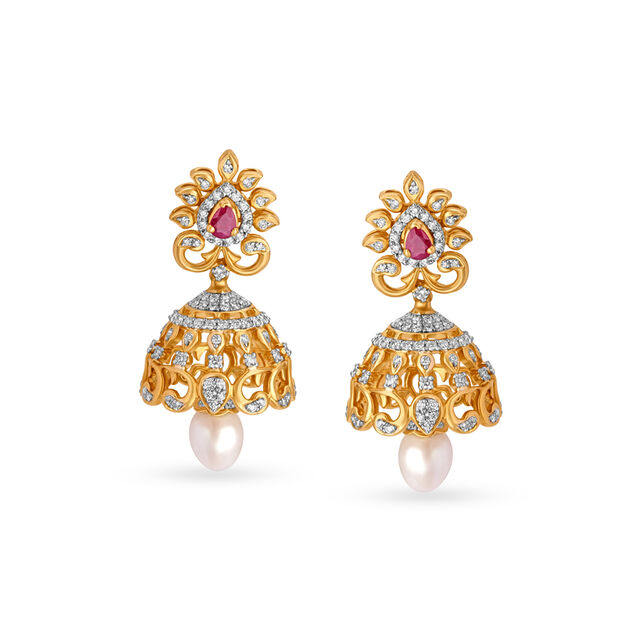 Floral Jhumkas with Ruby, Pearl and Emerald,,hi-res 