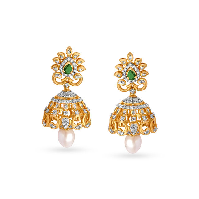 Floral Jhumkas with Ruby, Pearl and Emerald,,hi-res 2