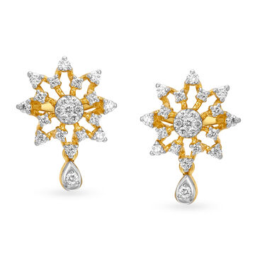 Bedazzling 18 Karat Yellow Gold And Diamond Floral Drop Earrings