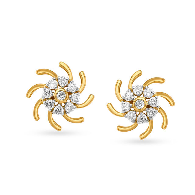Pinwheel Inspired Gold and Diamond Stud Earrings 