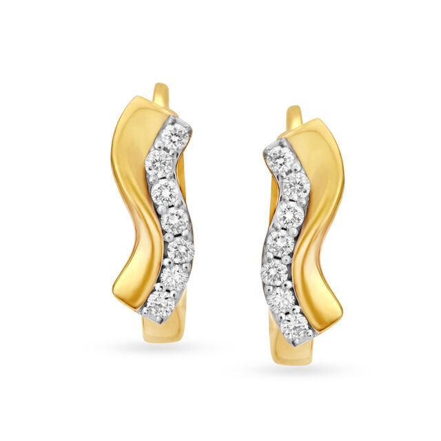 Elegant 18 Karat Yellow Gold And Diamond Wave Hoops 