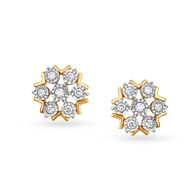 Sparkling Flowers Yellow and White Gold Diamond Stud Earrings 