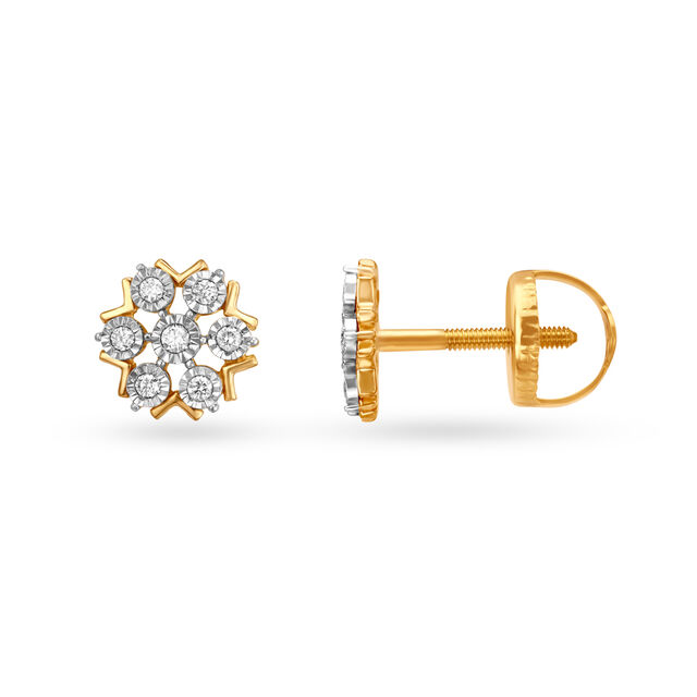 Sparkling Flowers Yellow and White Gold Diamond Stud Earrings 2