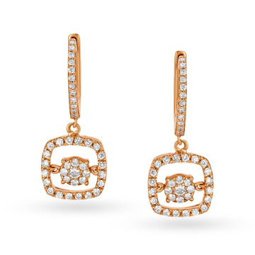Sparkling 18 Karat Rose Gold And Diamond Dangling Square Hoops