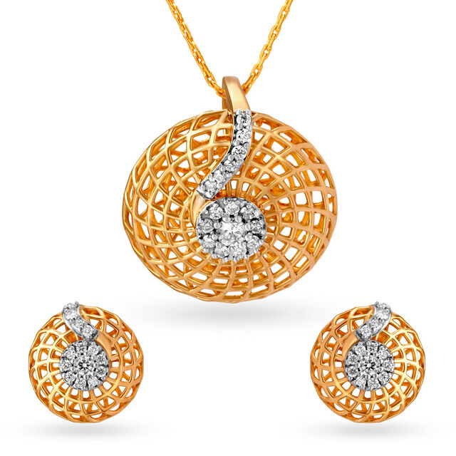 Circular Mesh Gold and Diamond Pendant and Earrings Set 