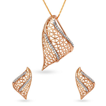Edgy Mesh Diamond Pendant and Earrings Set in Rose Gold