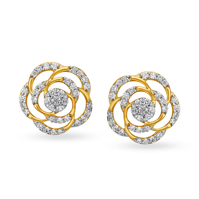 Ornate 18 Karat Yellow Gold And Diamond Floral Studs 
