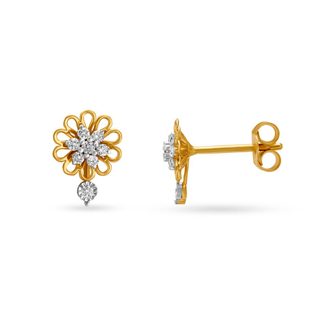 Radiant Floral Yellow and White Gold Diamond Stud Earrings 2