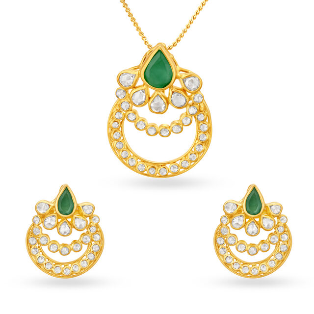 Dainty Emerald Gold Pendant And Earrings Set 