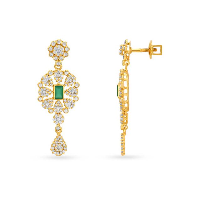 Floral Motif Onyx Gold Drop Earrings,,hi-res 2