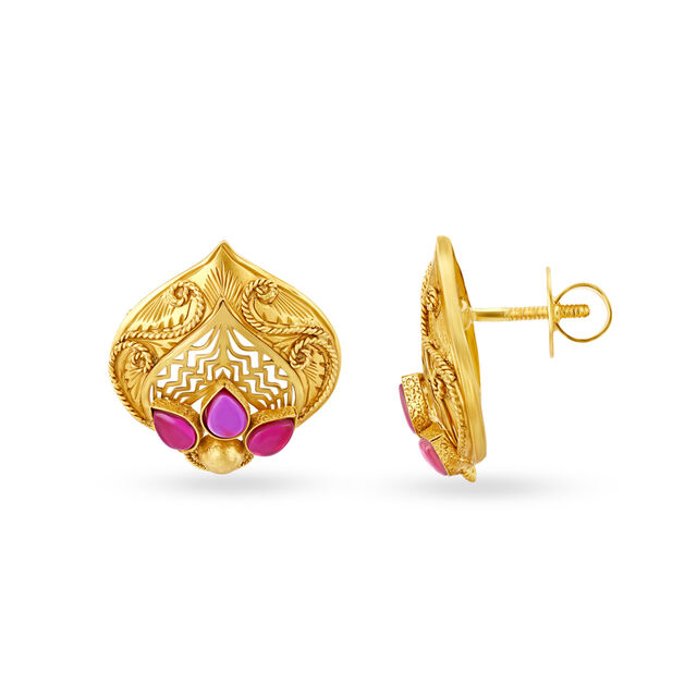 Traditional Alluring 3 Stone Gold Stud Earrings,,hi-res 2