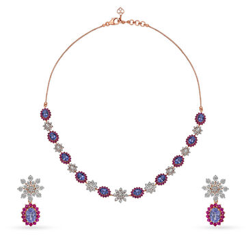 Glamorous Diamond and Ruby Necklace Earrings Set