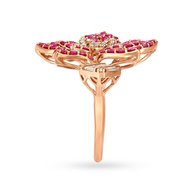 Striking 18 Karat Rose Gold And Diamond Studded Flower Finger Ring 3