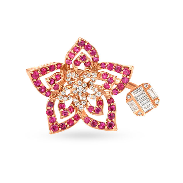 Striking 18 Karat Rose Gold And Diamond Studded Flower Finger Ring 4