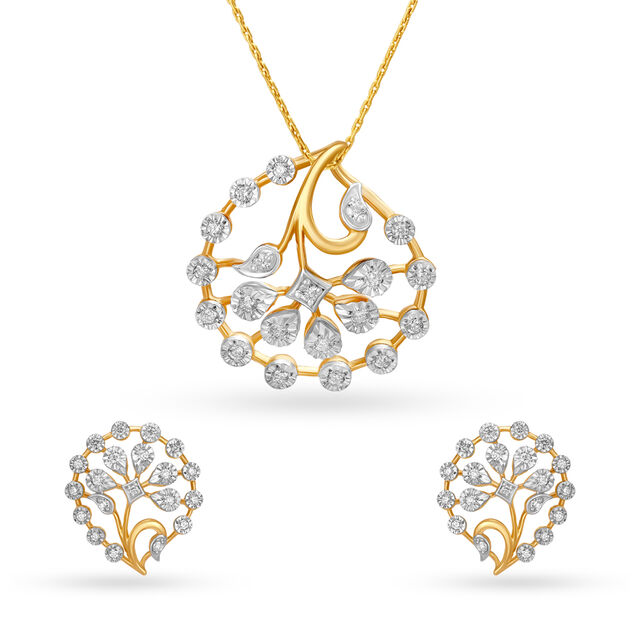 Lush Floral Motif Diamond Pendant and Earrings Set,,hi-res 