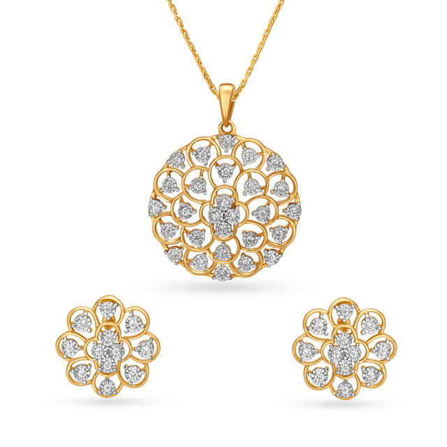 Gleaming Gold Pendant and Earrings Set with Diamonds 