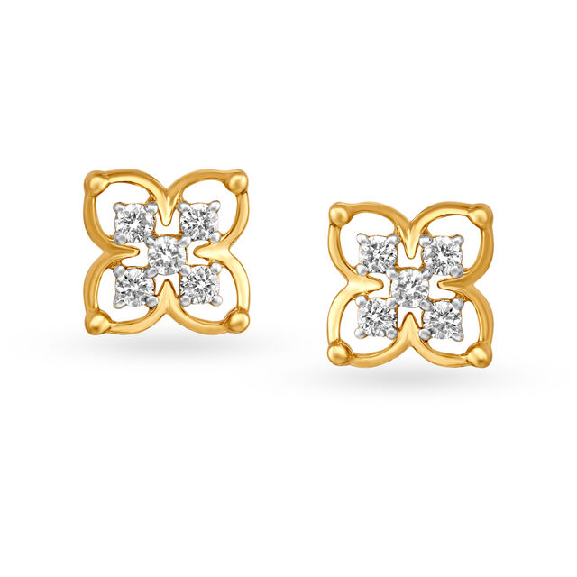 Dainty Gold and Diamond Floral Stud Earrings 
