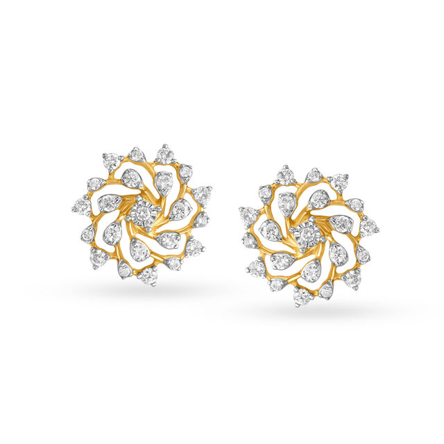 Exuberant Floral Diamond Stud Earrings in 18K Yellow and White Gold for Women 