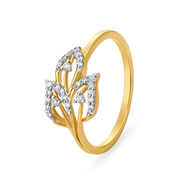 Glossy Leaf Pattern Gold and Diamond Finger Ring,,hi-res 