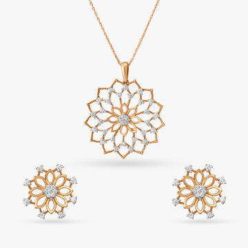 Dainty Flowers Diamond Pendant and Earrings Set