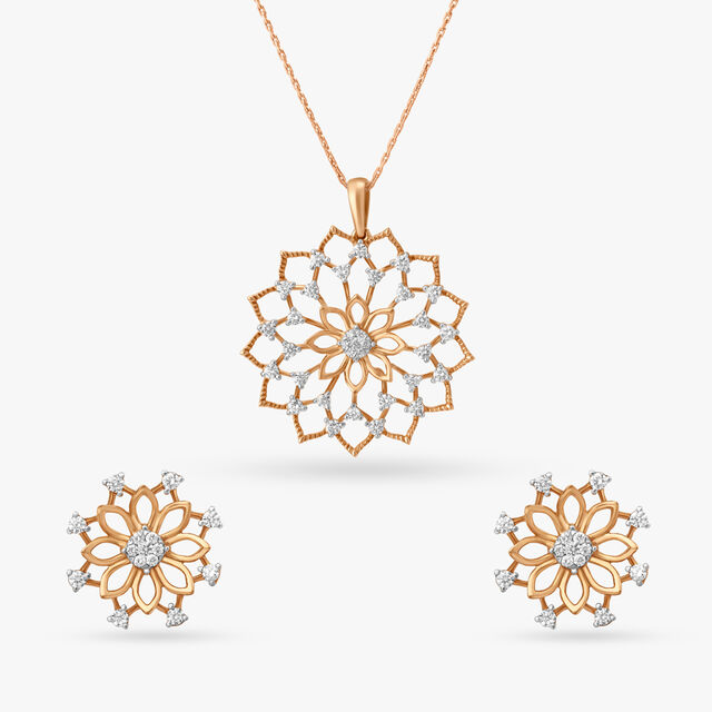 Dainty Flowers Diamond Pendant and Earrings Set 