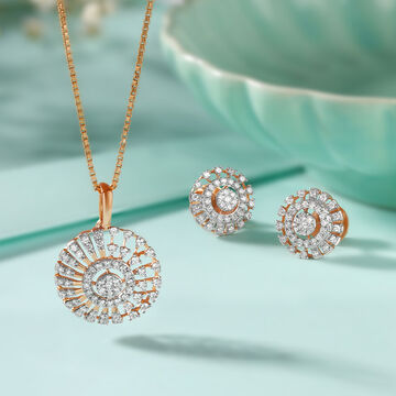 Clean Radial Diamond Pendant and Earrings Set