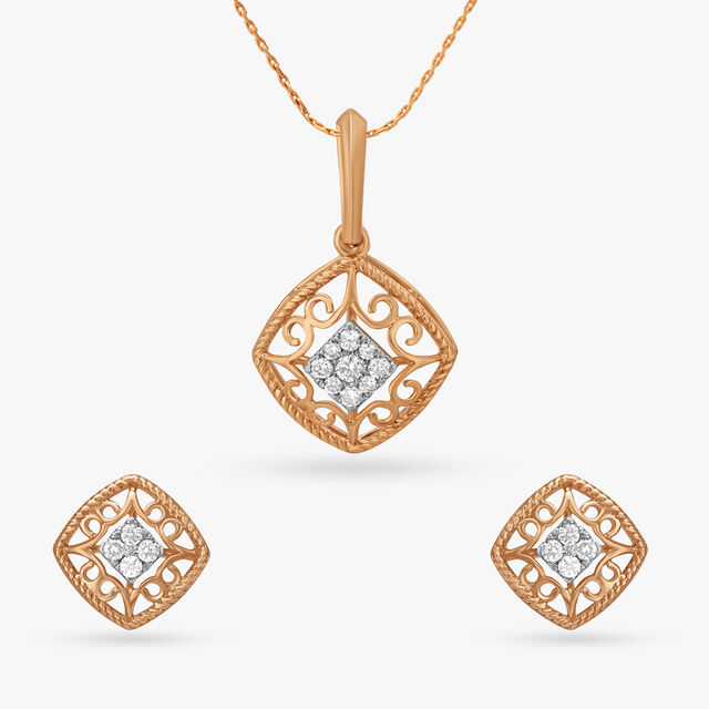 Dainty Filigree Diamond Pendant and Earrings Set 