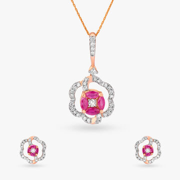 Blooming Flower Diamond Pendant and Earrings Set
