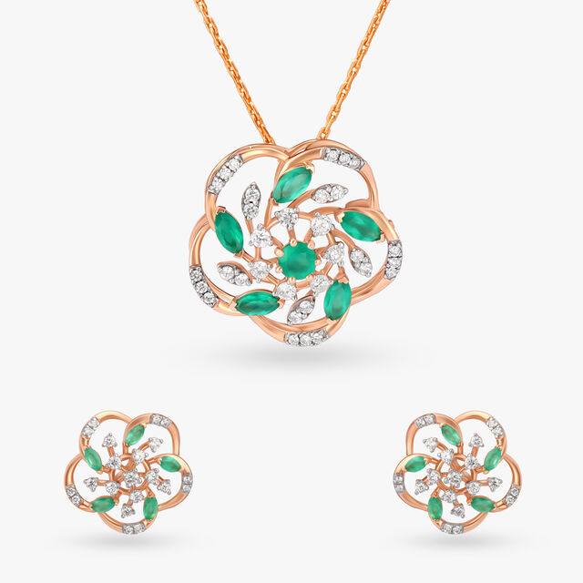 Verdant Flower Diamond Pendant and Earrings Set 