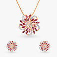 Flower Diamond and Garnet Pendant and Earrings Set 