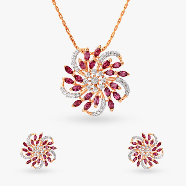Flower Diamond and Garnet Pendant and Earrings Set 