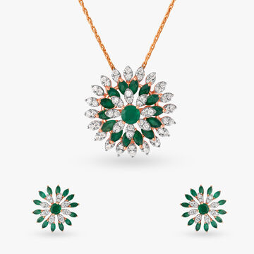 Regal Floral Diamond and Emeralds Pendant and Earrings Set