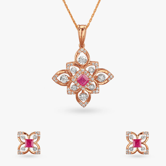 Ruby Blossom Diamond Pendant and Earrings Set 