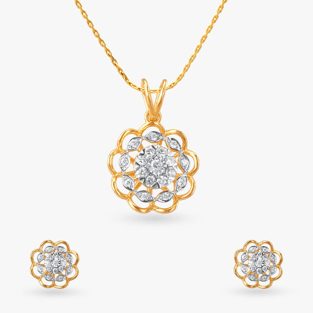 Vintage Bloom Diamond Pendant and Earrings Set 
