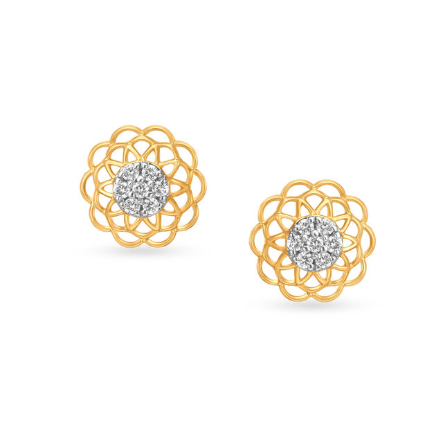 Tanishq Dreamy Round Floral Diamond Stud Earrings 18K Yellow Gold for Kids 