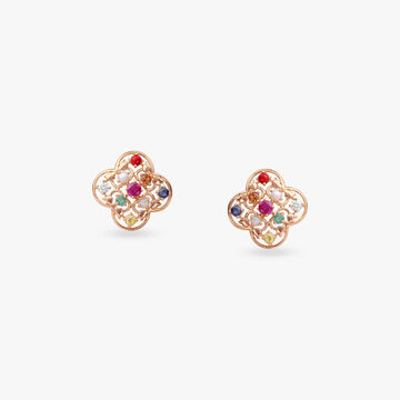 Quatrefoil Navaratna Diamond Stud Earrings