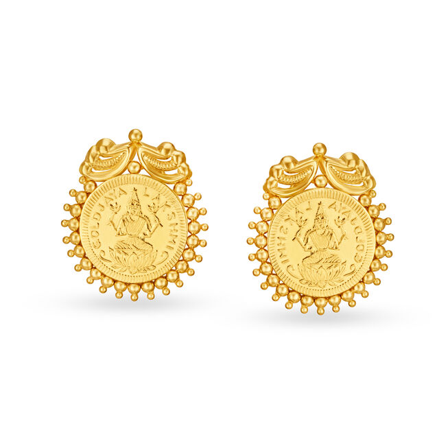 Divine 22 Karat Yellow Gold Goddess Lakshmi Beaded Stud Earrings 