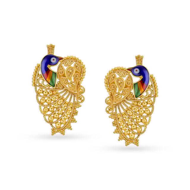 Buy Regal 22 Karat Yellow Gold Meenakari Peacock Stud Earrings at