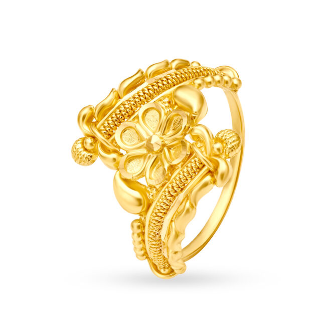 Decorative 22 Karat Yellow Gold Engraved Floral Ring,,hi-res