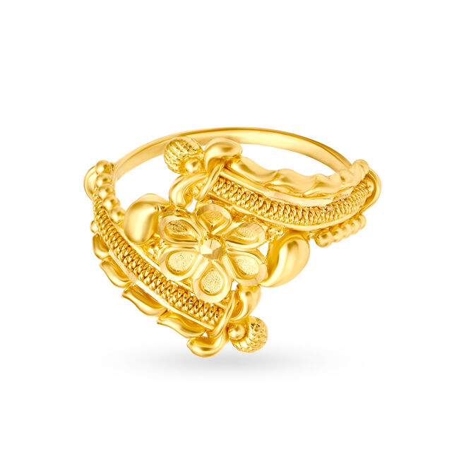 Decorative 22 Karat Yellow Gold Engraved Floral Ring,,hi-res