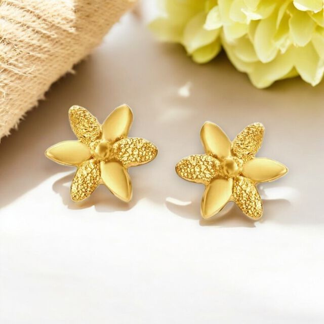 Textured Floral Gold Stud Earrings,,hi-res
